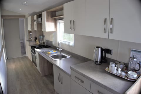 Deluxe Mobile Home, 2 Bedrooms, Sea View (Pet Friendly) | Private kitchen | Fridge, microwave, oven, stovetop