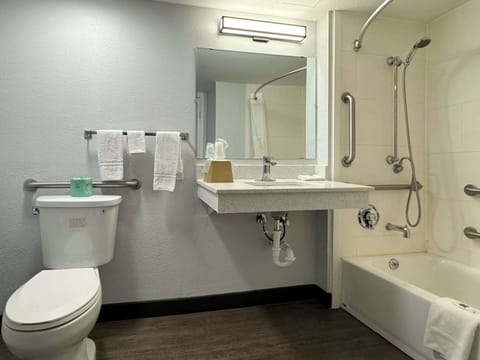 Combined shower/tub, free toiletries, hair dryer, towels