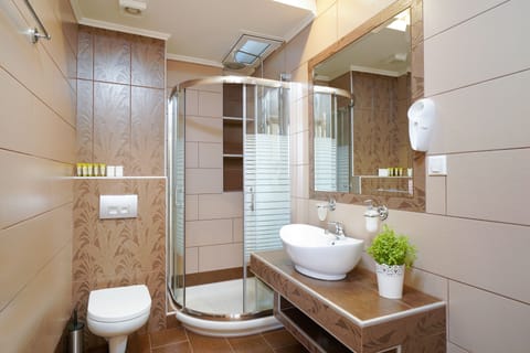 Shower, deep soaking tub, rainfall showerhead, free toiletries