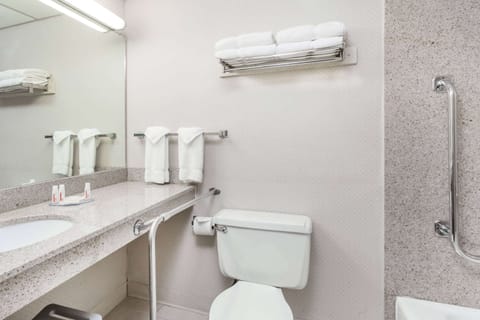 Combined shower/tub, free toiletries, hair dryer, towels