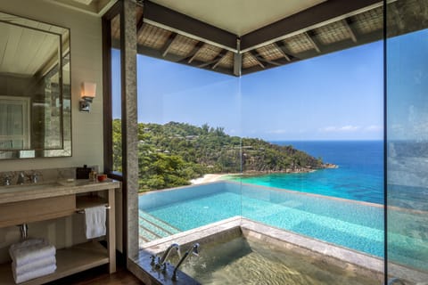 Separate tub and shower, deep soaking tub, rainfall showerhead