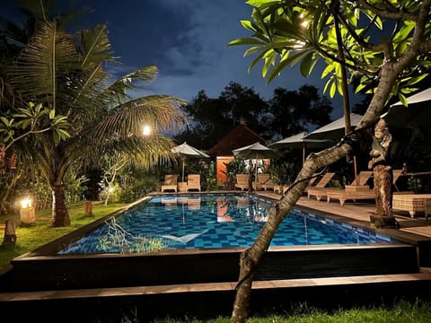 Outdoor pool, pool umbrellas, sun loungers