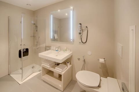 Eco-friendly toiletries, hair dryer, slippers, bidet