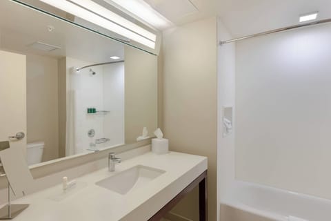 Combined shower/tub, free toiletries, hair dryer, towels