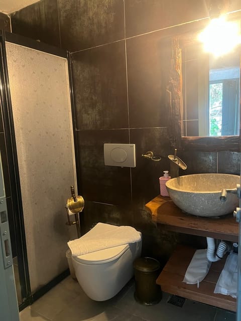 Designer toiletries, hair dryer, slippers, towels