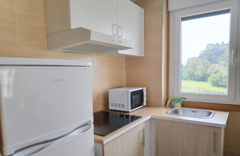 Full-size fridge, microwave, stovetop, cookware/dishes/utensils