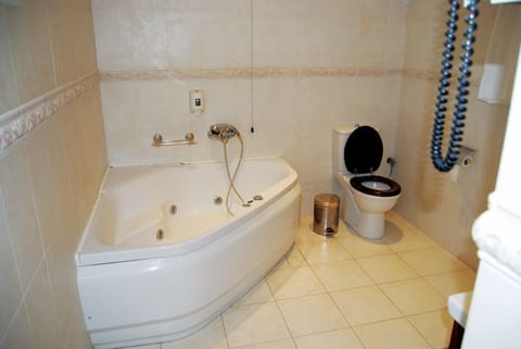 Deluxe Room | Bathroom | Hair dryer, towels, soap, shampoo