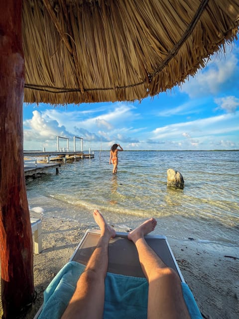Private beach, white sand, sun loungers, beach towels