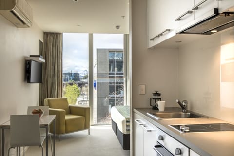 Full-size fridge, microwave, stovetop, dishwasher