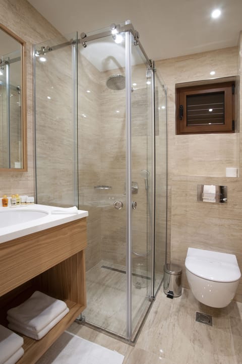 Shower, rainfall showerhead, free toiletries, hair dryer