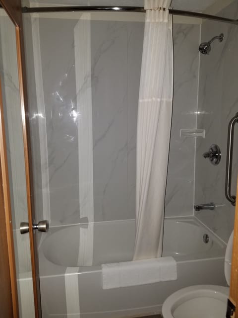 Combined shower/tub, hair dryer, towels