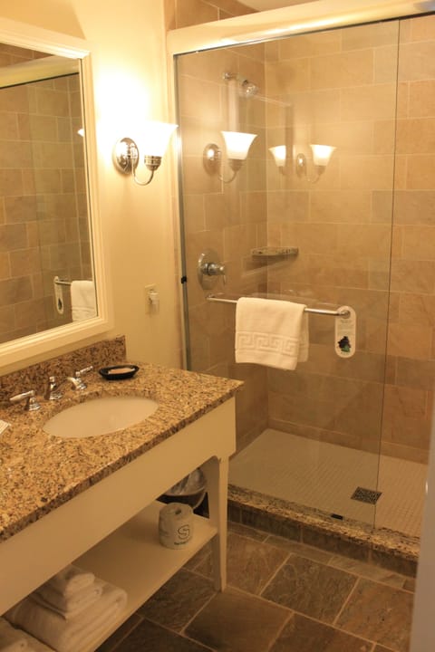 Designer toiletries, hair dryer, towels