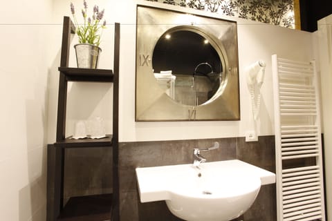 Shower, hair dryer, bidet, towels