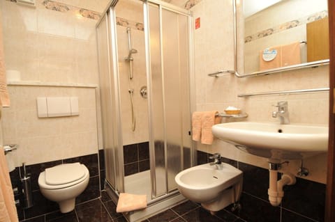 Combined shower/tub, free toiletries, hair dryer, bidet