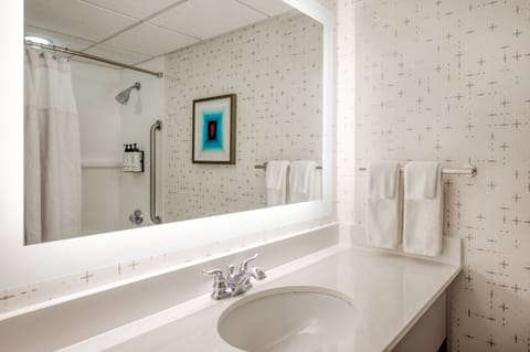 Combined shower/tub, free toiletries, hair dryer, towels