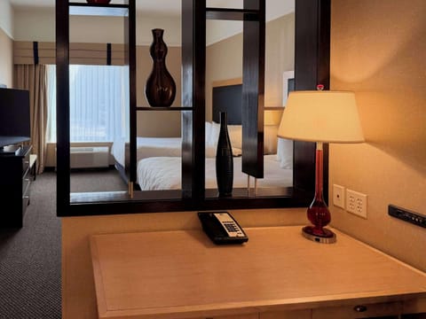 Premium bedding, desk, blackout drapes, iron/ironing board