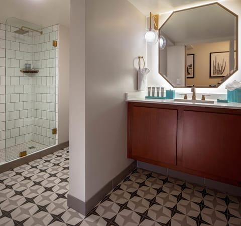 Shower, hydromassage showerhead, designer toiletries, hair dryer