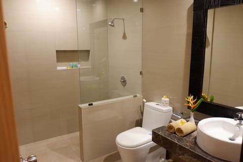 Shower, rainfall showerhead, free toiletries, hair dryer