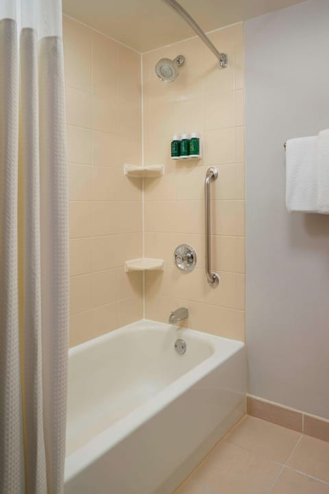 Combined shower/tub, free toiletries, hair dryer, towels
