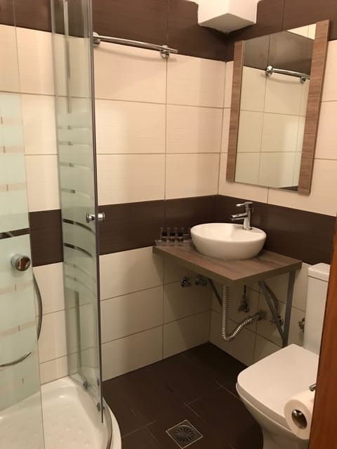 Shower, designer toiletries, hair dryer, towels