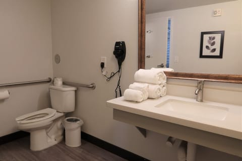 Combined shower/tub, free toiletries, hair dryer, towels