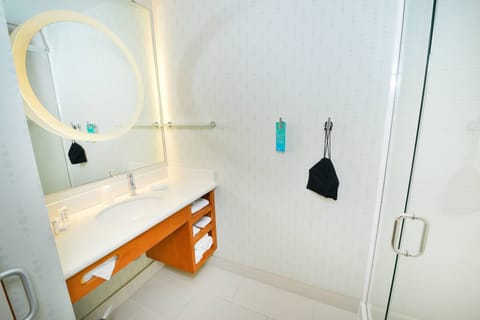 Separate tub and shower, hair dryer, towels, soap