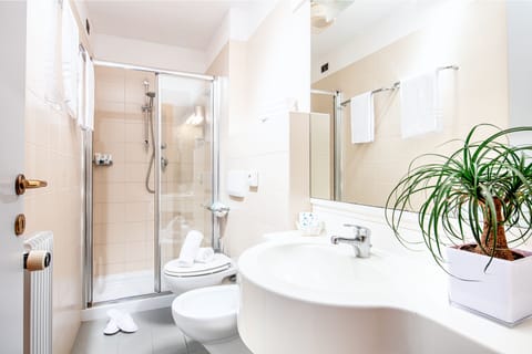 Shower, free toiletries, hair dryer, towels