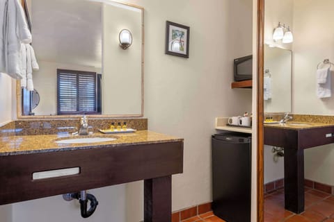 Combined shower/tub, free toiletries, hair dryer, towels