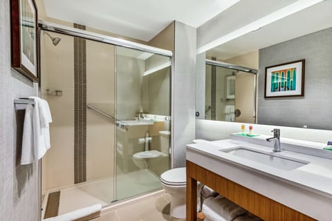 Designer toiletries, hair dryer, towels, soap