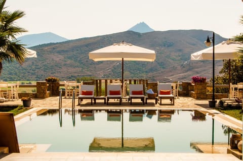 Outdoor pool, pool umbrellas, sun loungers