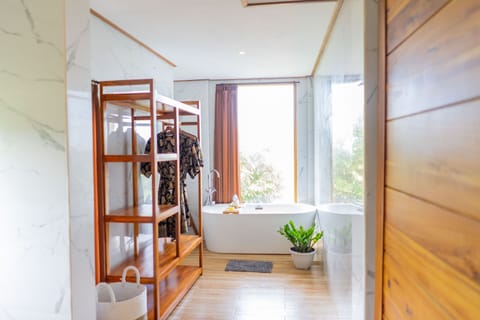 Double or Twin Room, Private Bathroom, Partial Ocean View | Bathroom | Deep soaking tub, towels