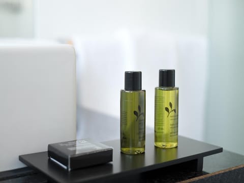 Shower, rainfall showerhead, free toiletries, hair dryer