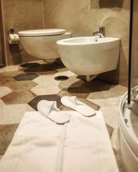 Shower, hair dryer, bathrobes, slippers