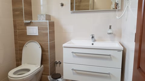 Shower, free toiletries, hair dryer, slippers