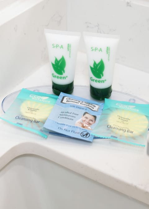 Shower, free toiletries, hair dryer, towels