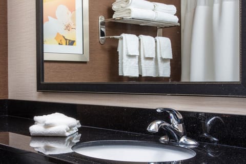 Combined shower/tub, free toiletries, hair dryer, towels