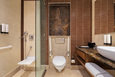 Shower, rainfall showerhead, designer toiletries, hair dryer