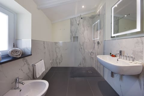 Shower, rainfall showerhead, designer toiletries, hair dryer