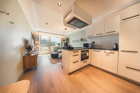 Luxe Apartment 450 | Private kitchen | Full-size fridge, microwave, oven, stovetop