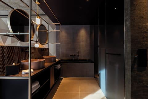 Hair dryer, heated floors, towels, soap