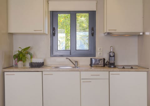 Full-size fridge, espresso maker, coffee/tea maker, electric kettle