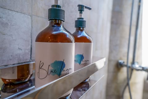 Shower, towels, soap, shampoo