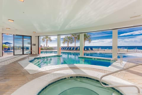 Indoor pool, outdoor pool, pool umbrellas, sun loungers