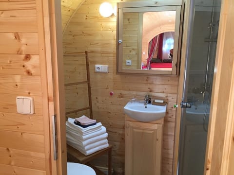 Room (Roulotte Chais Catherine) | Bathroom | Shower, hydromassage showerhead, hair dryer, bathrobes