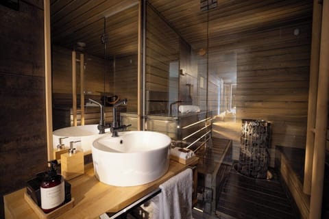 Arctic GlassHouse | Bathroom | Shower, rainfall showerhead, eco-friendly toiletries, hair dryer