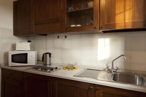 Full-size fridge, microwave, stovetop, coffee/tea maker