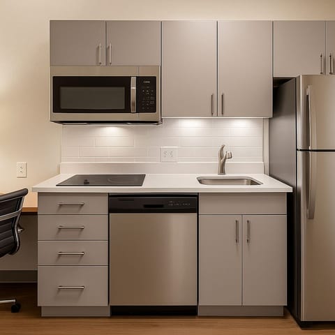 Full-size fridge, microwave, stovetop, dishwasher
