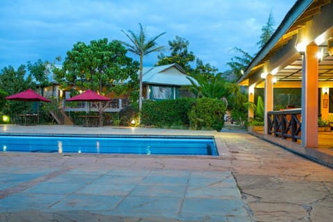Outdoor pool, pool umbrellas, sun loungers