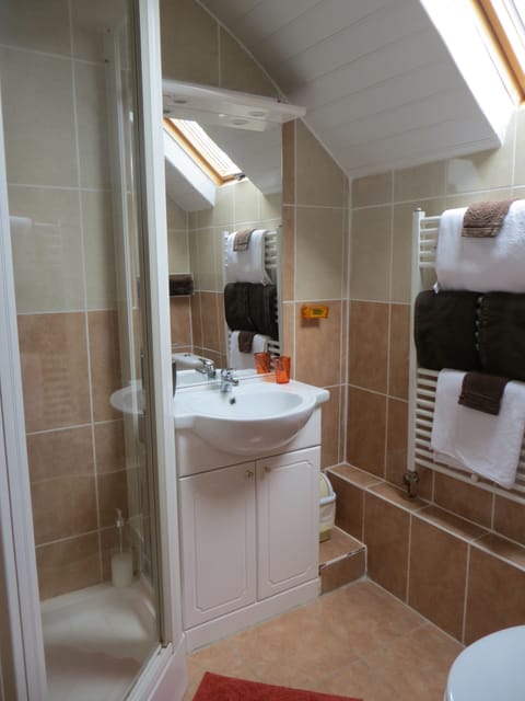 Shower, free toiletries, hair dryer, towels