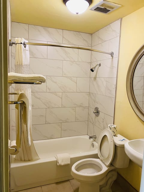 Combined shower/tub, free toiletries, towels